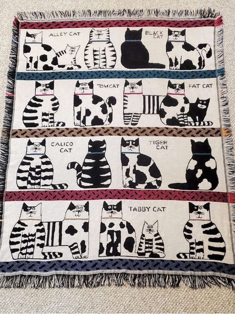 Vintage 1980s Pat Meyers Cat Throw Blanket Woven Cotton